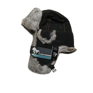 Mad Bomber Hat Trapper Fitted Mens M Black Rabbit Fur Ear Flap Winter Outdoor
